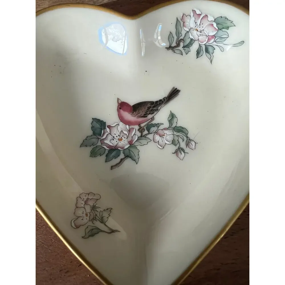 Lenox Serenade heart-shaped dish bird floral 24-karat gold trim jewelry vanity